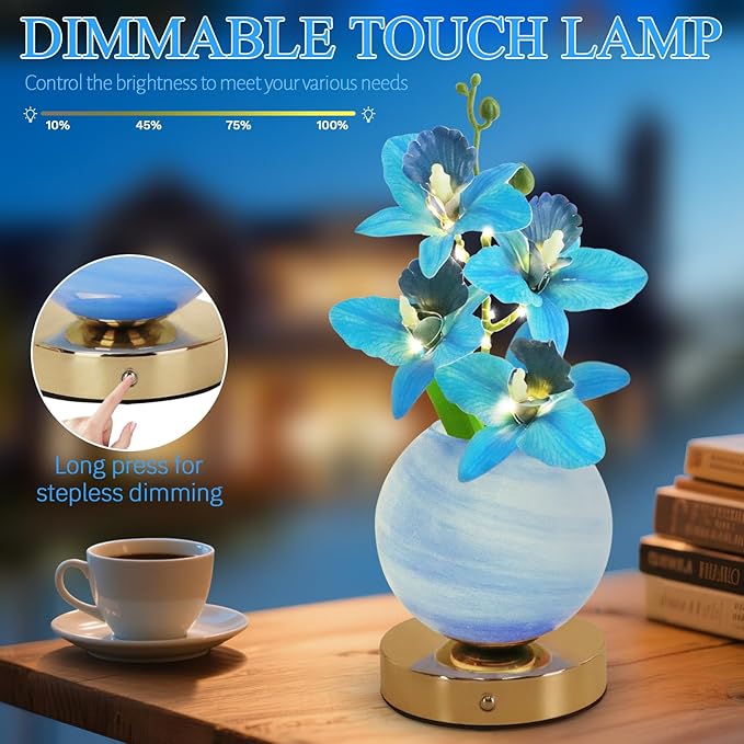 Flower Table Lamp, 3 Colors Orchid Night Light, Cordless Touch Dimming Artificial Flower with Vase Lamp, LED Desktop Decorative Landscape Lights for Festival Party Home Decor (Blue Orchid)