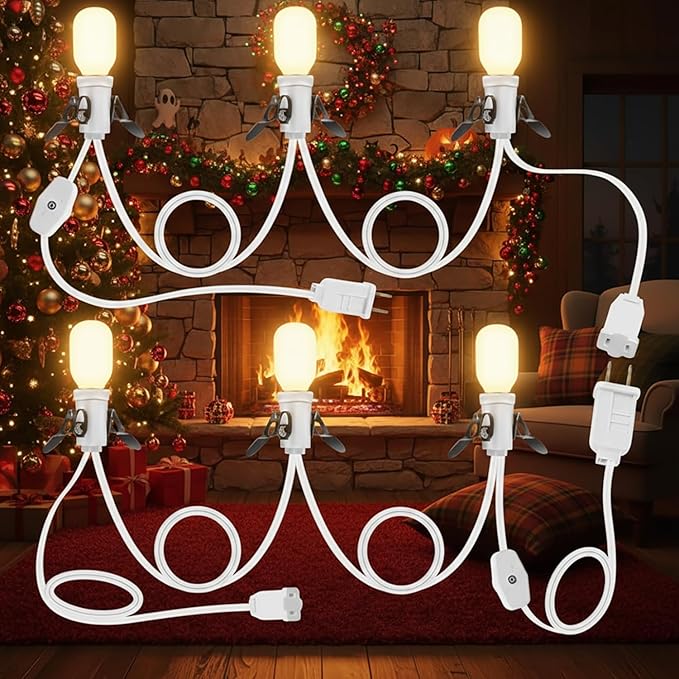 Leelosp 2 Pcs Christmas Village Lights, 3 Base C7 String Bulbs Christmas Village Light Cord with ON/Off Switch Spare Fuse, 9.8ft Blow Mold Light Kit for Xmas Mini House, Ceramic Crafts Decor