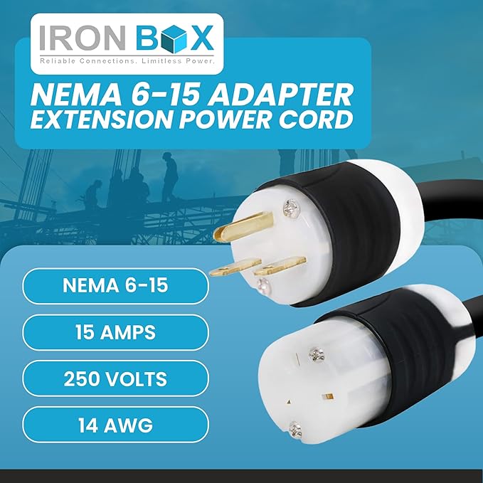 IronBox Electric - NEMA 6-15 Adapter Extension Power Cord - Rated for 15A/250V - 14 AWG Jacket - Heavy Duty Extension Cable - Weatherproof Design - Ideal for Indoor and Outdoor Use (25 feet, Build)