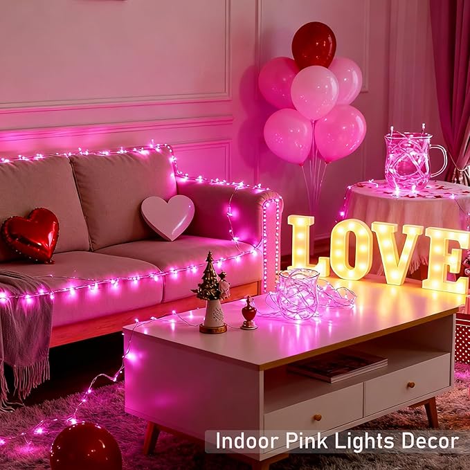 Pink String Lights for Valentines Day Decor, Plug in & Connectable 100 LED 33 Ft Clear Wire Fairy Christmas Lights for Bedroom Indoor Outdoor Girl's Room Valentines Aesthetic Romantic Decorations