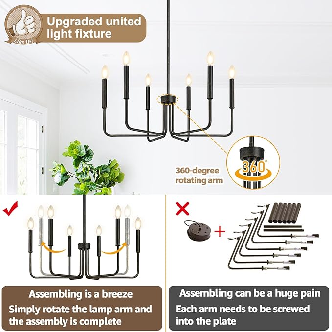 Rustic Black Chandelier, 6-Light Antique Farmhouse Chandelier for Dining Room Lighting Fixtures, Vintage Candle Pendant Light Fixtures Chandeliers for Dining Room Bedroom, Foyer and Living Room