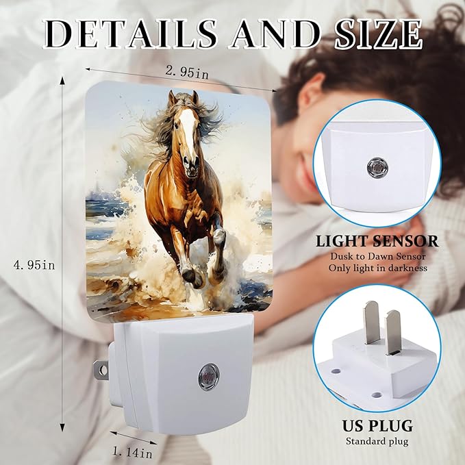 Watercolor Horse Night Light, Plug-into Wall Wild Farm Animal Nightlight Lamp with Dusk to Dawn Sensor, Led Lamp 0.5W Energy Efficient for Boys Girls Adults Home Decor