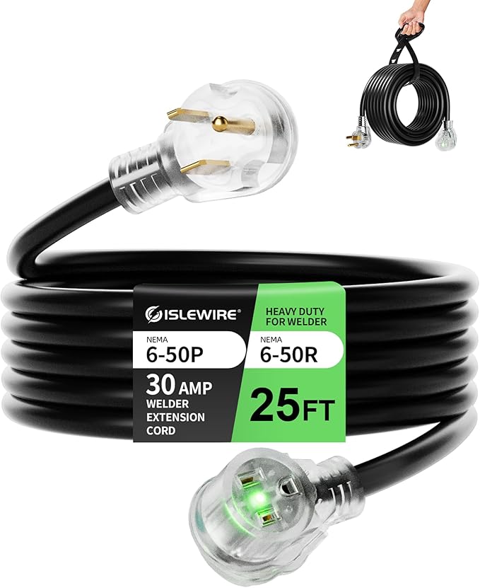 25ft 250V Welder Extension Cord, 10 Gauge Heavy Duty Outdoor Welding Cord with LED Indicator, NEMA 6-50P to 6-50R, 30 Amp 3 Prong Power Extension for Welding Machines, 10 AWG SJTW, Black