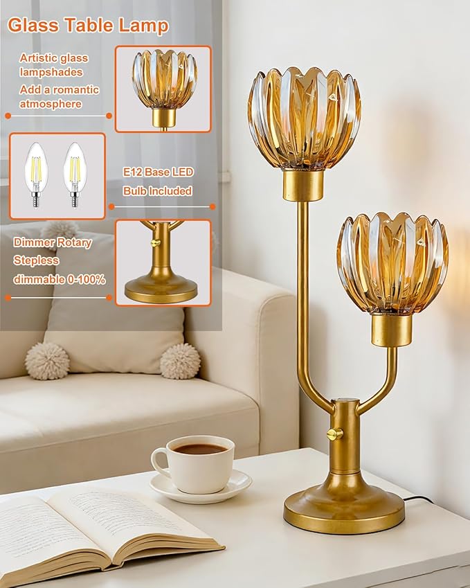 Lightdot Mid Century Modern Glass Table Lamp Gold Dimmable U-Shaped Desk Lamps with Brown Glass Shade& 2Pcs 3000K Warmwhite Bulbs Included Bedside Nightstand Lamp for Living Room Bedroom