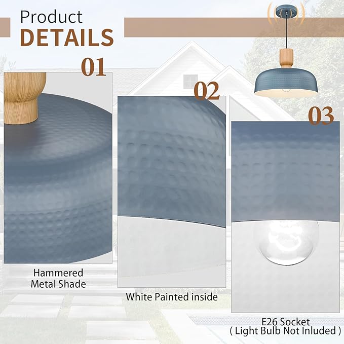 Darkaway Dusk to Dawn Industrial Pendant Light Fixtures Ceiling Hanging with Hammered Metal Shade, Blue Pendant Light for Outdoor Porch Lighting Hanging Lamp Adjustable Height