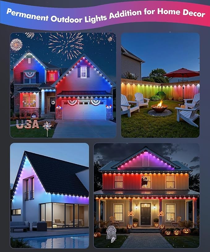 EJ's SUPER CAR Permanent Outdoor Lights Waterproof IP67, Smart RGB+IC Eaves LED Lights with App & Remote Control, 200+ Dynamic Scene Modes for House Roof, Garden, Christmas, Party Decor