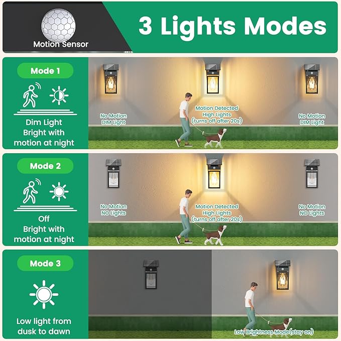 Solar Porch Lights Outdoor, Dusk to Dawn & Motion Sensor Wall Light with Lantern Shape, 3 Modes IP65 Waterproof, E26 Bulb Exterior Sconce for Front Porch, Garage, Patio Security