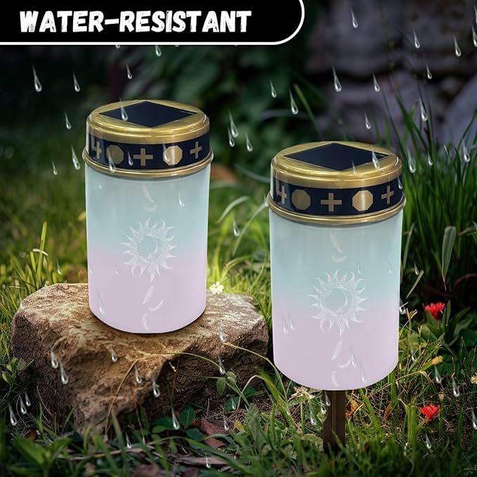 Cemetery Solar Lights Waterproof Solar Powered Grave Lights Sun Print Landscape LED Flameless Candle Grave Decor Memorial Gift Garden Decor