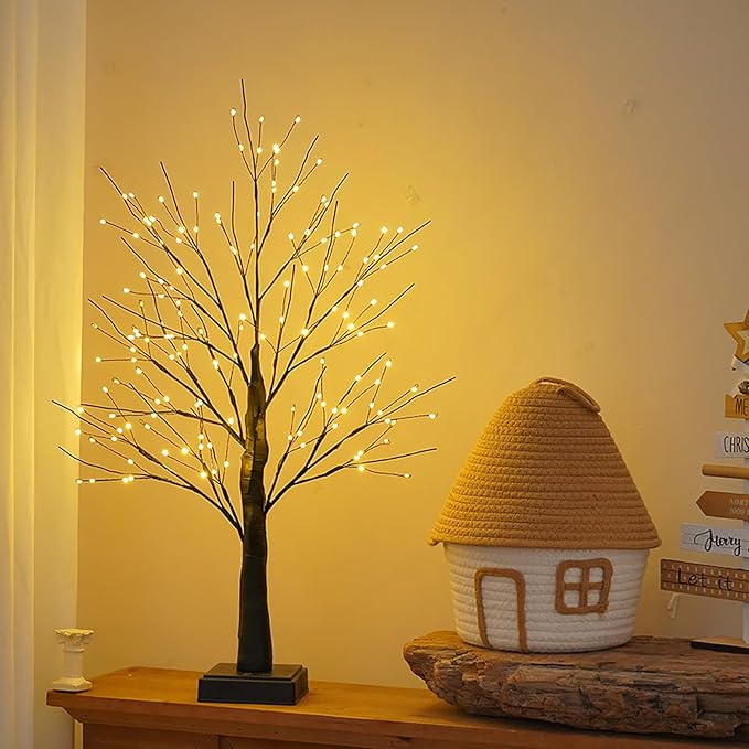 144 LED Artificial Tree Lamp with Timer, DIY Birch Tree with LED Lights, Lighted up Tree Lamp USB/Battery Powered, Fairy Light Spirit Tree for Table Home Wedding Bedroom Christmas (Black)