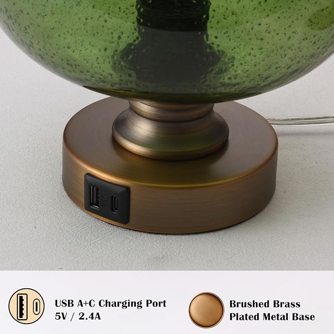 Mid Century Glass Table Lamp,Dimmable Desk Lamp,LED Bulb Included,Touch Control & USB A+C Port,Green Seeded Glass