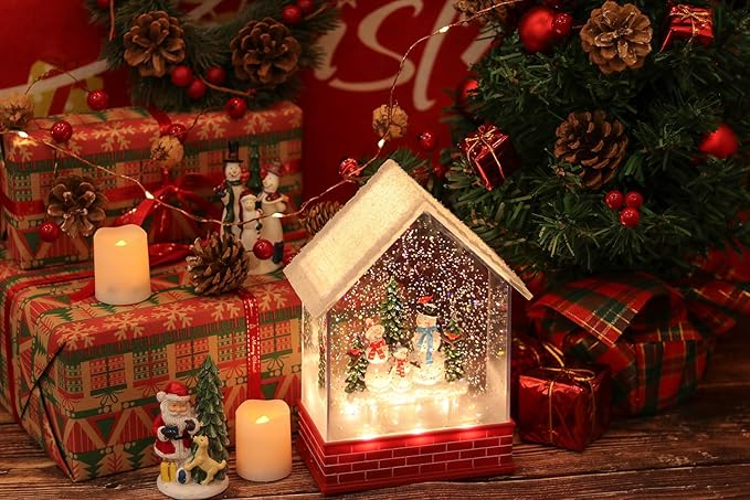 Eldnacele Musical Snow Globe House with Timer, Lighted USB/Battery Operated Swirling Singing Water Glittering Lantern, Christmas Snow Globes House Holiday Festival Decoration- Snowman