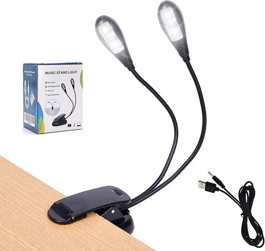 Music Stand Light, 1/2/4/10 Pack Clip on LED Book Lights, USB and AAA Battery Operated, Reading Lamp in Bed, 4 Brightness Levels, Ideal for Musician, Piano Player, Sheet Music, Travel (Dual Arm)