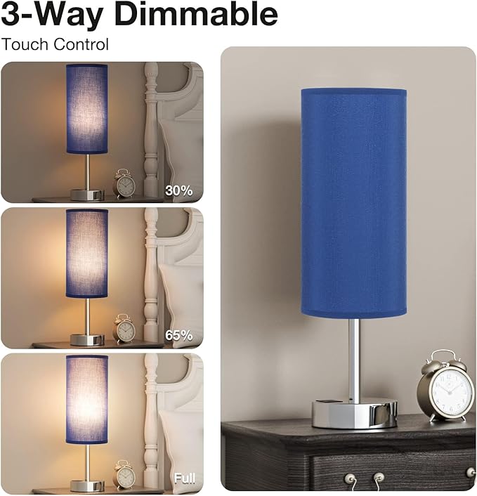 Dicoool Navy Blue Touch Lamp for Boys - Small Nightstand Lamp with USB-C and USB Charging Ports, 3 Way Dimmable Bedside Table Lamp with Fabric Shade Silver Base for Nursery, Dorm, Office, Reading