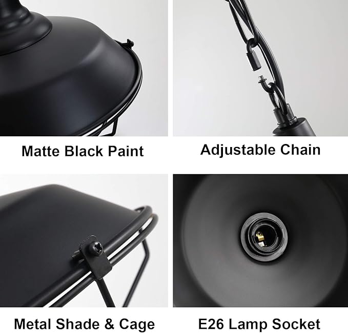 Black Farmhouse Pendant Light - 2 Pack Industrial Vintage Hanging Light Fixtures Metal Wire Cage Pendant Lighting with Adjustable Chain for Kitchen Barn Hallway Porch Dining Room