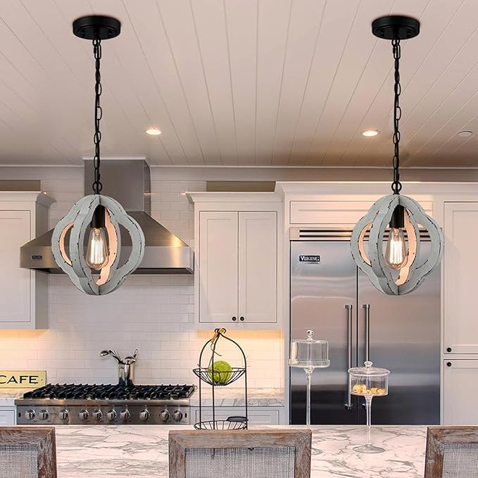 SAMTEEN Farmhouse Wooden Pendant Light Distressed White Wood Chandelier Lighting Modern Wooden Pendant Light Fixtures for Kitchen Island Dining Room Bedroom