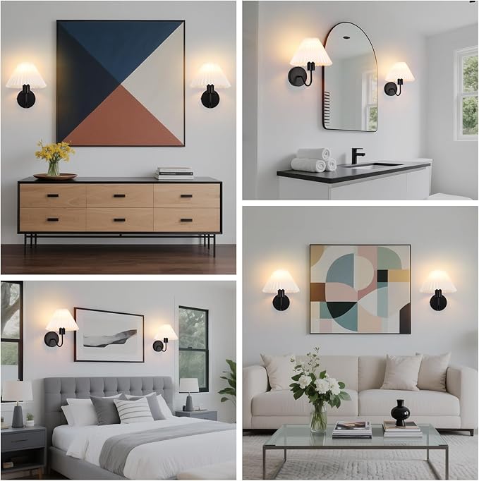 Rechargeable Battery Operated Wall Sconces Set of 2,Black Wall Lights with Remote,Dimmable Wall Lamp with Pleated Shades,15 Colors Wireless Bathroom Vanity Wall Light for Bedroom Living Room Hallway