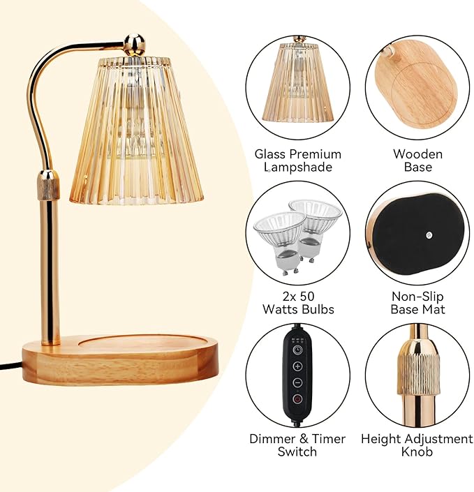 MISERWE Candle Warmer Lamp with 2Bulbs, Adjustable Height Dimmable Wax Warmer with Timer, Wax Melt Warmer with 4 Brightnes, Candle Warmer Light for Mothers Day/Birthday Gifts