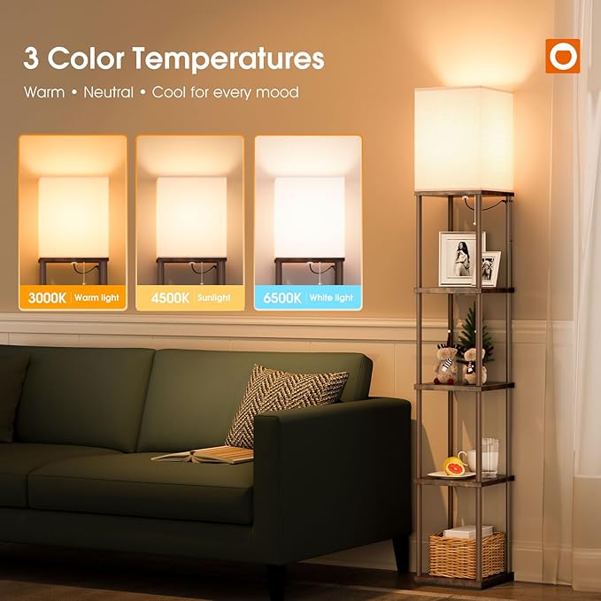 addlon 5-Tier Floor Lamp with Shelves, Standing Bookshelf Lamp with 3 Color Temperature, Corner Display Nightstand Lamp for Living Room, Bedroom and Office (70'' H, Brown)
