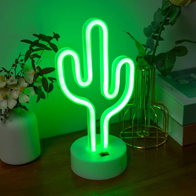 Green Cactus Neon Lights with Holder Base, Cactus Neon Signs for Bedroom, Tabletop, Bar, Birthday, Christmas Decor, Luau Summer, Mexican Party, Battery/USB Powered LED Night Light Children Gift