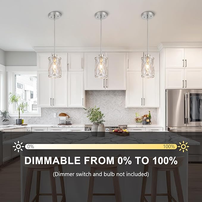 Refice Glass Pendant Lights Kitchen Island, Brushed Nickel Kitchen Hanging Light with Clear Glass, Farmhouse Cage Mini Pendant Lighting for Sink Dining Room Bedroom Bar, 3 Pack
