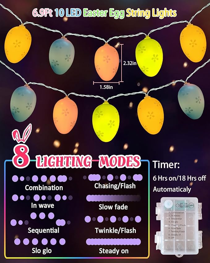 Easter Egg Lights Battery Operated 6.9ft 10 LED Egg Fairy String Lights with Timer, Pastel Easter Lights for Home Bedroom Party Tree Wedding Wreath Indoor Outdoor Spring Decor