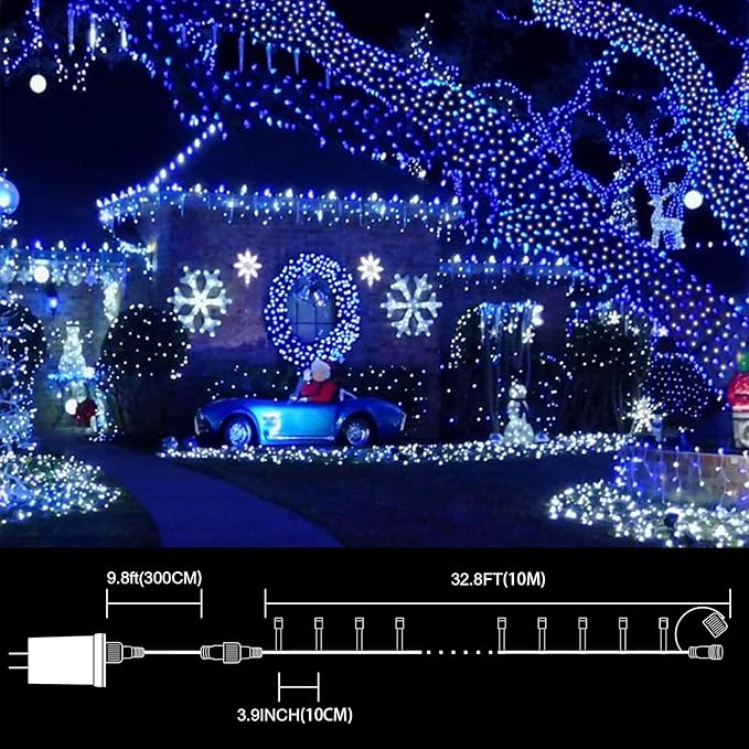 LAMPHOME 33ft Christmas Decorative Mini Lights, 100 LED Green Wire Fairy Starry String Lights Plug in, 16 Lighting Modes for Outdoor Xmas Tree Wedding Party Decoration (White+Blue)
