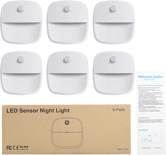 AMIR Motion Sensor Light Indoor, Upgraded Battery-Powered LED Night Light with PIR Technology for Bathroom, Kitchen, Stairs, Under Cabinet, Closet, Stick on Anywhere Hallway Lamp (Warm White, 6-Pack)