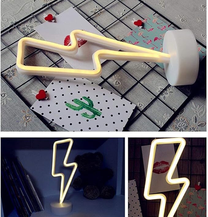 Warm White Lightning Neon Light Signs Lightning LED Lamps Lights Room Decor Battery/USB Operation Night Lights with Base Neon Light up Bar Bedroom Party Christmas