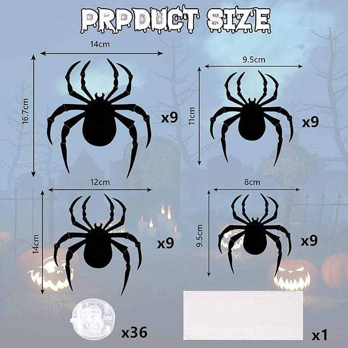 36 PCS LED Green Lighted 3D Spiders Halloween Decoration, 4 Sizes Shapes Removable PVC Spiders Sticker, Waterproof Halloween Spider Wall Decor for Home Indoor Outdoor Room Window Door Wall Party Decor