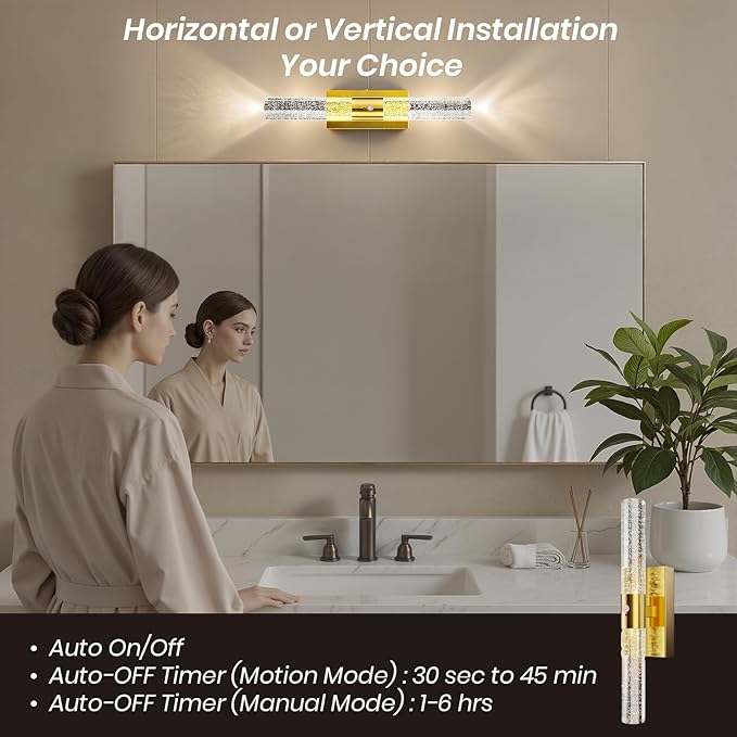 Motion Sensor Wall Sconces Battery Operated, Rechargeable Wall Sconce, 3CCT Battery Wall Sconce, 12000mAh Dimmable with Remote for Bedroom, Living room, Hallway Decor (15.3 inch – Gold - 1 Pack)