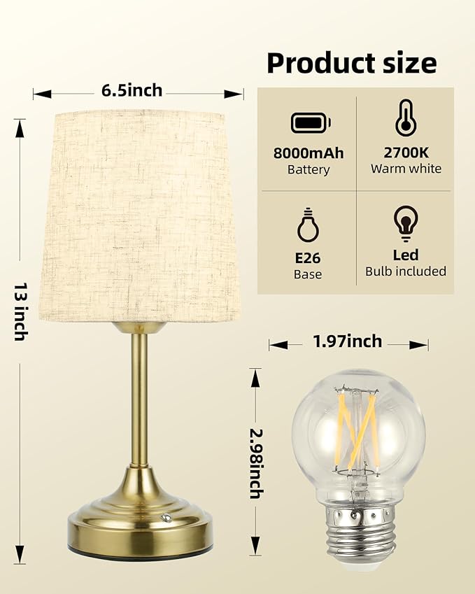 EZVALO Rechargeable Table Lamp, 2-Pack, 8000mAh, Ambient Light, Small, Touch Control, Dimmable, 2700K, Portable, LED, Battery, Cordless, Desk Lamp, Kitchen Lamp, Fabric Shade, for Dining Room