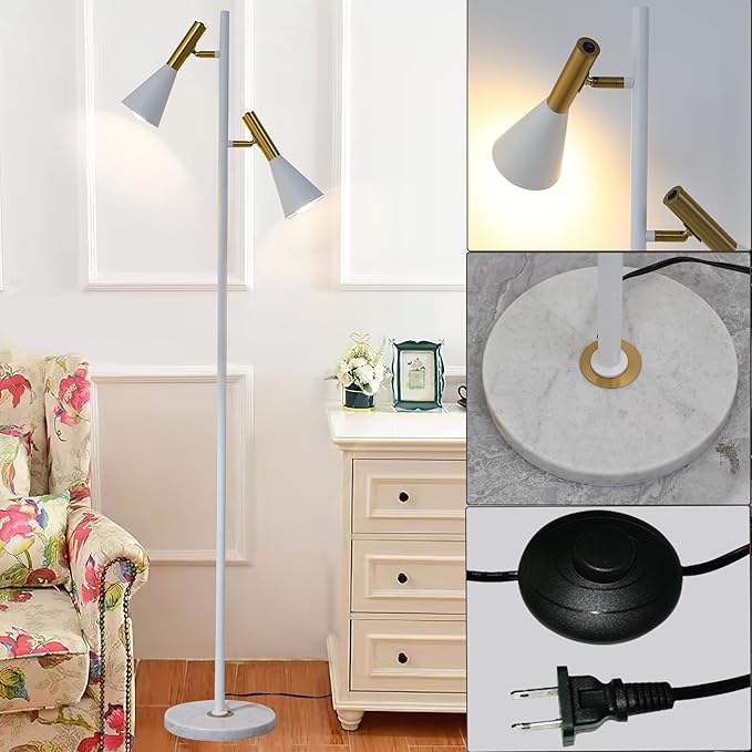 Elegant Modern Floor Lamp with 2 Adjustable Head,White and Gold Stand up Lamps with Marble Base,Tall Pole Uplight,Tree Floor Lamps for Living Room,Office