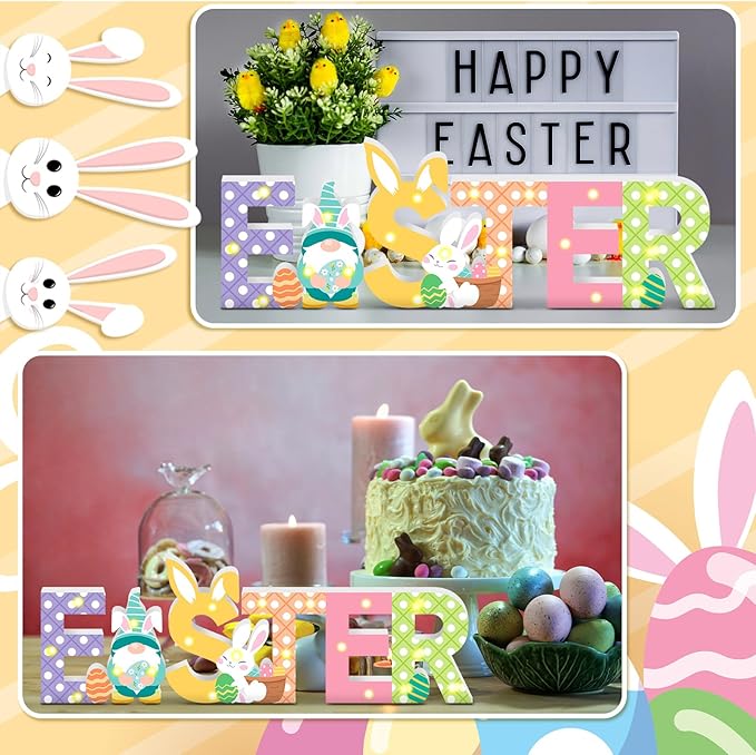 Menkxi Easter Wooden Decoration "EASTER" Letter Table Decor LED Light up Wooden Sign with Bunny and Gnome Tiered Tray Decor for Home Spring Party Room Desk Decoration