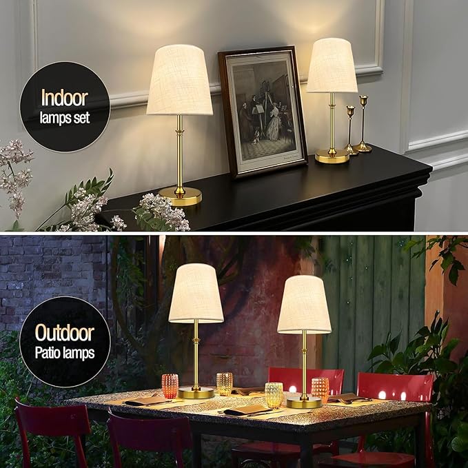 BLUEYE Cordless Table Lamps,Remote Control,5200mAh,No Flicker,2700K-6000K,Rechargeable Bulb,50W Equivalent,Retro Style,Fabric Shade,Battery Operated Ambient Light for Bedside,Hallway,Restaurant,Gold