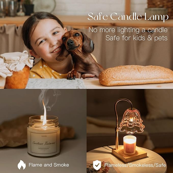 Candle Warmer Lamp with Timer: Pink Flower Candle Warming Lamp with 2 Bulbs Height Adjustable Wax Warmer Dimmable Bedroom Mothers Day Decor Gift for Women