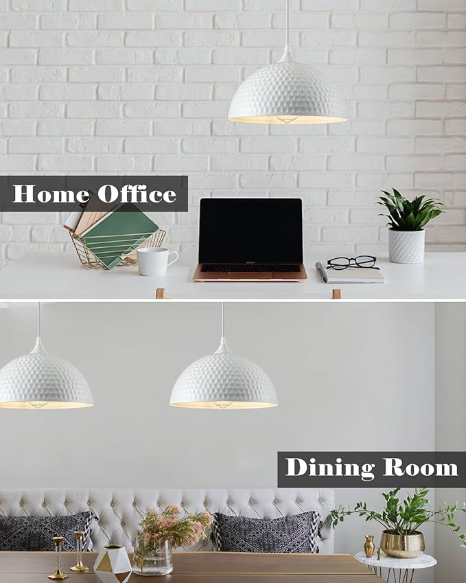 Hammered White Dome Pendant Light 2 Pack, White and Gold Pendant Lights,12 Inch Metal Industrial Pendant Light, Kitchen Island Pendant Lights for Kitchen, Dining Room, Bar