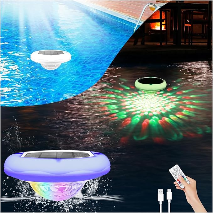 Solar Floating Pool Lights(1 PACK), USB Rechargeable Pool Lights That Float with Remote, 2600mAh 6.7'' IP68 Waterproof 13 Colors Upper and Lower Glow Hot Tub Light Hangable Solar Light for Garden