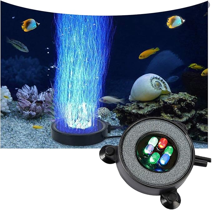 LED Aquarium Air Stones Fish Tank Bubbler Light Air Stone Diffuser Decor Lamp with Sucker Colorful Backgound Lighting (2.2inch Light Disk(No Remote))