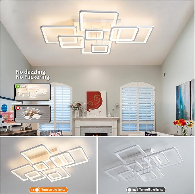 Modern Ceiling Light, 39.4'' Dimmable LED White Flush Mount Ceiling Lights with Remote Acrylic Round Ceiling Lamp Fixture for Low Ceiling Bedroom Living Room Dining Room, 100W