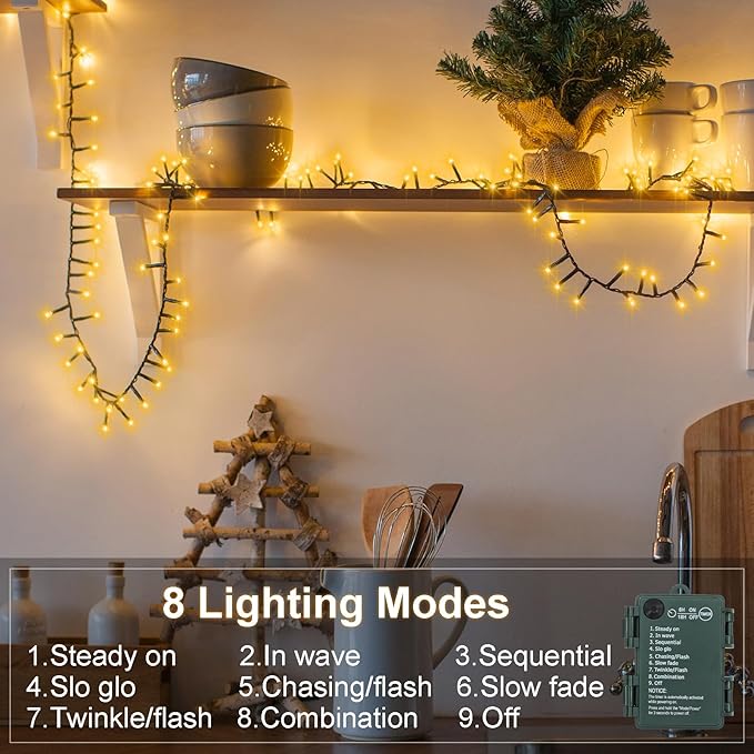 2 Pack String Lights Battery Operated, Total 20Ft 400 LED Cluster String Lights with Timer 8 Modes Christmas Firecracker Lights Outdoor Waterproof for Tree Home Decor (Warm White)