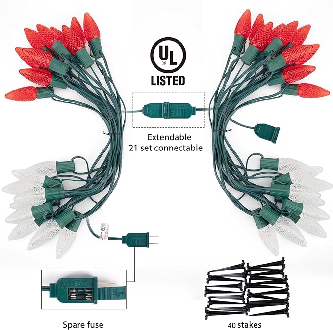 Christmas Pathway Lights Outdoor, 2 Pack 26 Ft 20 LED C9 Strawberry String Lights with Stakes, Connectable Waterproof Outside Christmas Lights Marker for Path, Lane, Patio Decor, Red & Warm White