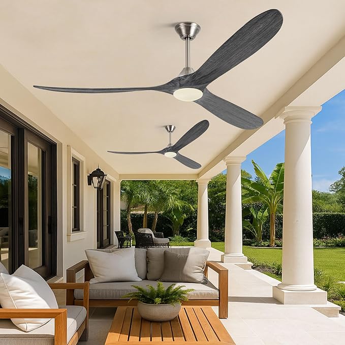 70 Inch Outdoor Ceiling Fan with Lights Remote, 3 Blades Solid Wood Large Modern Ceiling Fan with 9152 High CFM Quiet DC Motor, Damp-rated Indoor Outside Ceiling Fans for Patios Porch Garage Gazebo