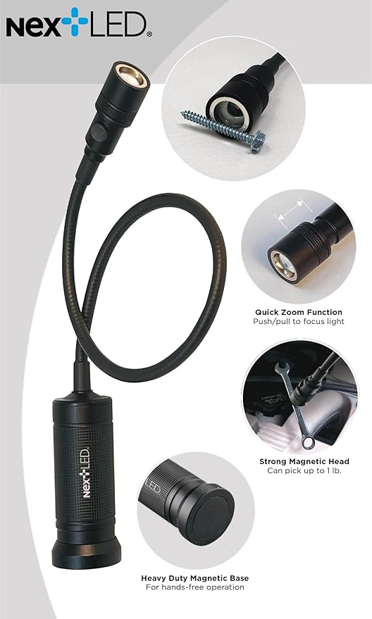 NextLED Flexible Shaft Magnetic LED Flashlight and Pickup Tool, Telescoping Neck with Extendable Neck up to 20 Inches, 300 Lumen Cree COB LED Work Light, Strong Magnetic bottom, Pick up to 1Lb