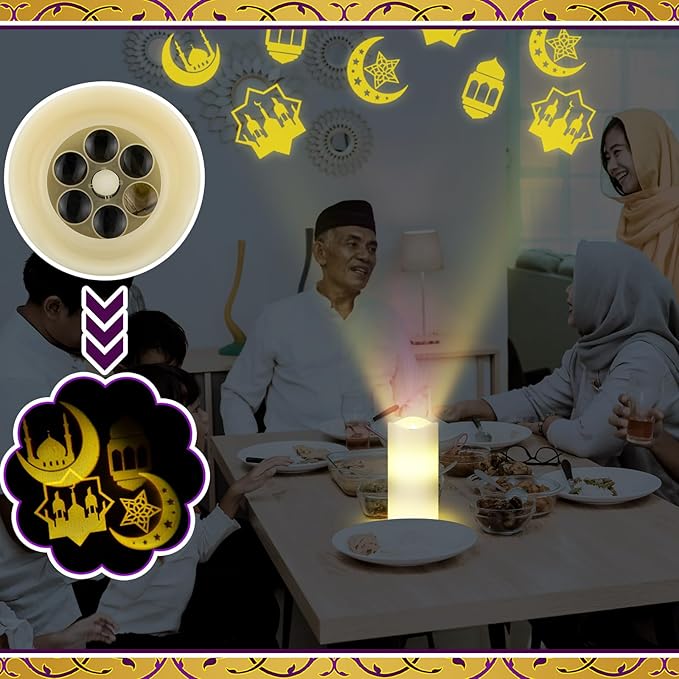 Baquler Ramadan Flameless Candles Projector Light Eid Mubarak LED Candle Battery Operated Star Moon Night Light with Remote and Timer Eid Mubarak Electric Gifts Ramadan Decoration for Home Room Decor