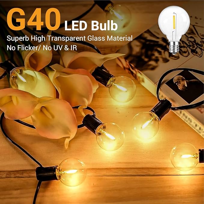 G40 LED Replacement Light Bulbs, 1W E12 Base Shatterproof Clear Globe Light Bulbs for Indoor Outdoor String Lights, Patio Porch Garden Decor, Warm White, 25 Pack