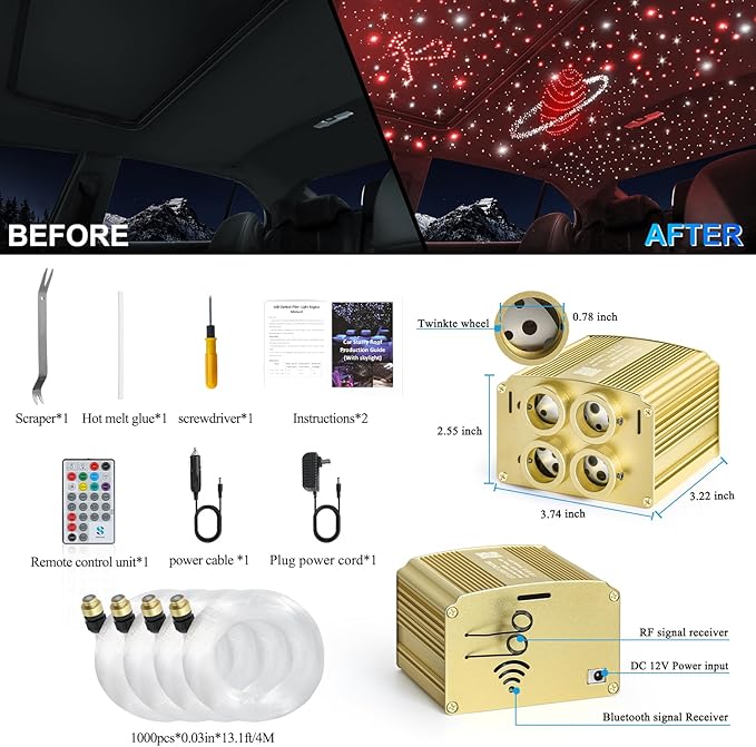 4 Colors 32W Twinkle Car Starlight Headliner Kit 1000pcs*0.03in*13.1ft with APP&RF Remote, RGBW Fiber Optic Ceiling Star Lights, 4 Port Engine Sound Activated Star Roof Lights for Car Home Theater