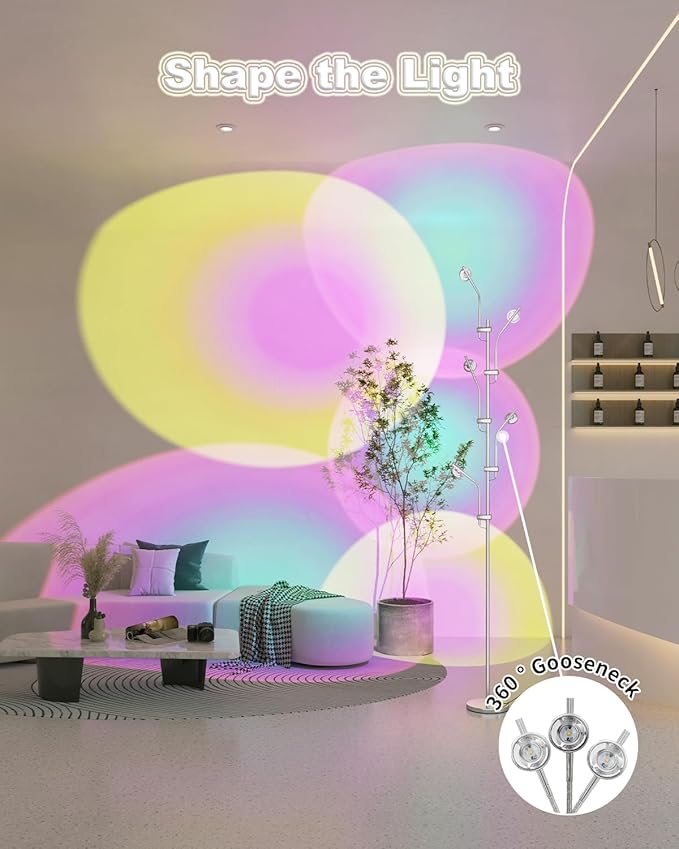 TACAHE RGBW Halo Projector Floor Lamp - 4000K LED with Replaceable Color Filters - Light and Shadow Mood Light - Multi-Head Ambient Decor Lighting for Bedroom, Living Room - 73" - 12W - Chrome