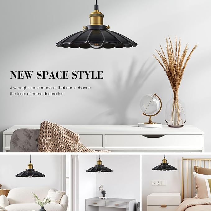 2Pack Black Pendant Light, 9.8 Inch Retro Hanging Lamp for Bedroom, Glossy Hanging Kitchen Lights Living Room 6.5Ft Height Adjustable Indoor Pleated Pendant Light