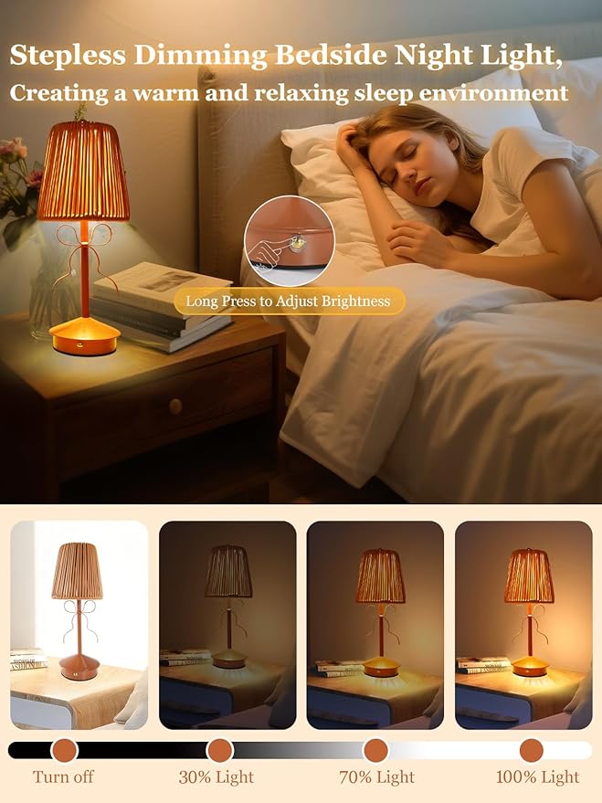 Boho Bow Rattan Table Lamp, Cordless Wicker Woven Vintage Table Lamp - LED Rechargeable Touch Control 3 Color Dimmable Reading Bedside Lamp for Bedroom Living Room Office, Home Outdoor Decor