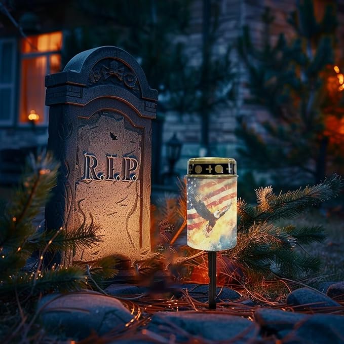 USA Eagle Flag Prayer Cemetery Solar Lights for Grave Cemetery Decor Candle Lamp Solar Powered Landscape Lights
